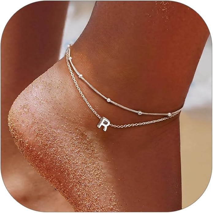 ChicSilver Ankle Bracelets for Women Waterproof, 925 Sterling Silver Initial Anklets for Women, Adjustable Dainty Layered Anklet Beach Jewelry for Women Mom Wife Friend