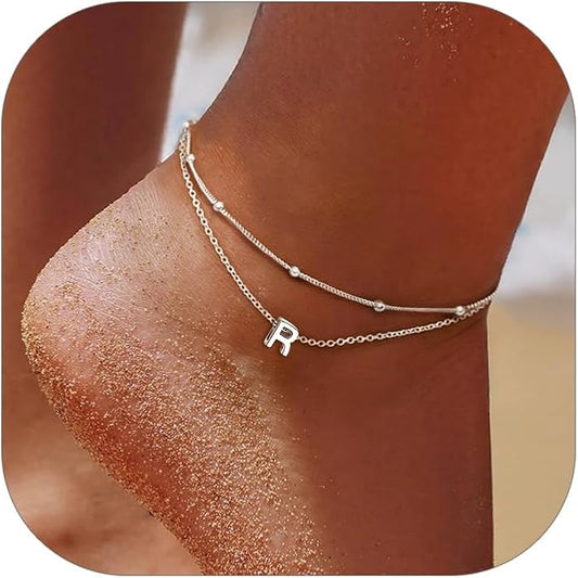 ChicSilver Ankle Bracelets for Women Waterproof, 925 Sterling Silver Initial Anklets for Women, Adjustable Dainty Layered Anklet Beach Jewelry for Women Mom Wife Friend