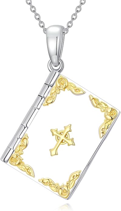 925 Sterling Silver Mini Bible Book Pendant Necklace, Openable Vintage Necklace, Christian Prayer Scripture Jewelry for Men and Women