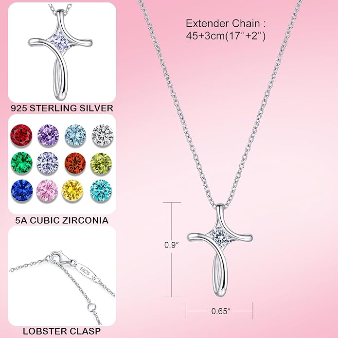 NINAMAID Cross Necklace for Women, 925 Sterling Silver Birthstone Necklace for Women with Diamond Sideways Cross Necklaces Birthstone Jewelry Birthday Gifts for Womens