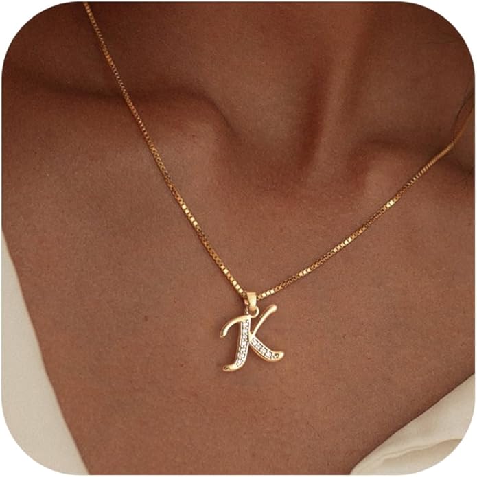 Initial Necklace for Women, 14K Gold Plated Box Chain Letter Pendant, Trendy Name Necklace, Dainty Personalized Jewelry Gift for Her