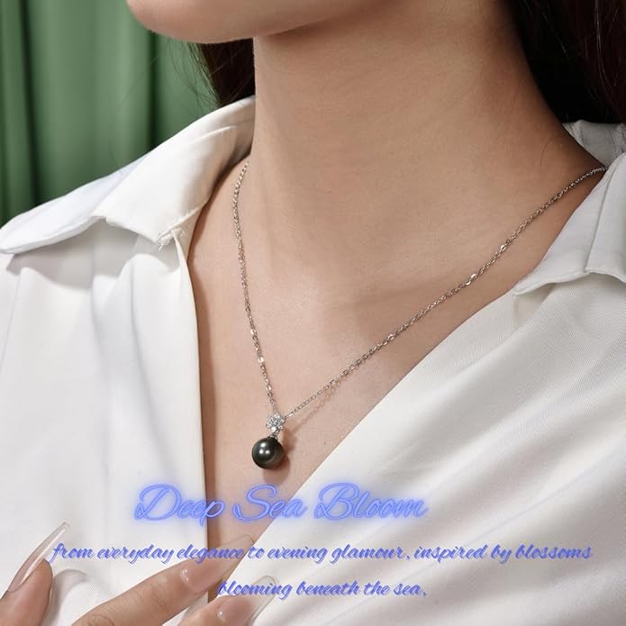 Lunar Belle Black Pearl Drop Pendant with Moissanite Flower Design, 925 Sterling Silver Jewelry, Wedding Gift for HerWoemn Girlfriend Birthday (Deep Sea Blossom)