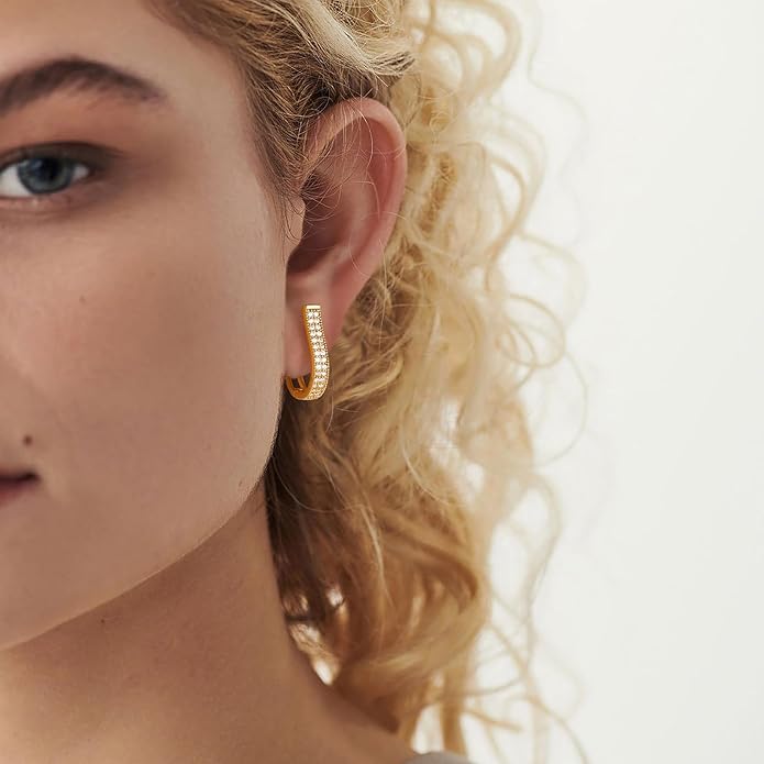 Gold Huggie Hoop Earrings 14K Gold Plated Dainty Chunky Thick Hoop Diamond Cubic Zriconia Inlay Sleeper Tiny Delicate Boho Beach Simple Hypoallergenic Jewelry Gift for Her