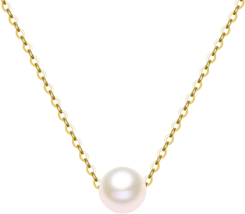 14K Solid Gold Pearl Necklace for Women, Real Freshwater Cultured Pearl Pendant Necklace 7.5mm Dainty Single Sliding Pearl Design Adjustable Necklaces Fine Jewelry Gift for Her, Mom, Wife 16"-18"