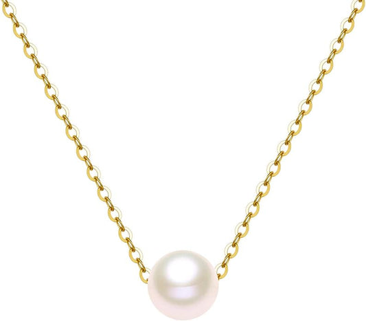 14K Solid Gold Pearl Necklace for Women, Real Freshwater Cultured Pearl Pendant Necklace 7.5mm Dainty Single Sliding Pearl Design Adjustable Necklaces Fine Jewelry Gift for Her, Mom, Wife 16"-18"