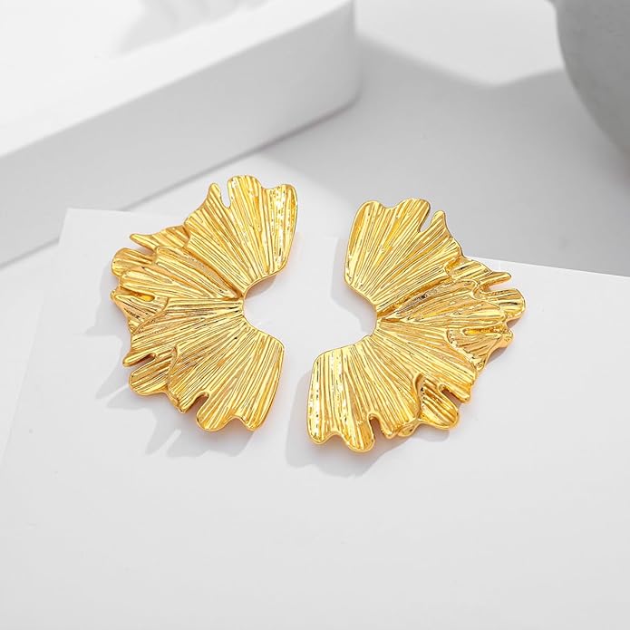 Chunky Gold Statement Earrings For Women Gold Plated Sectored Flower Leaf Shell Angel Wing Earrings Large Stud Earrings Hypoallergenic Earrings