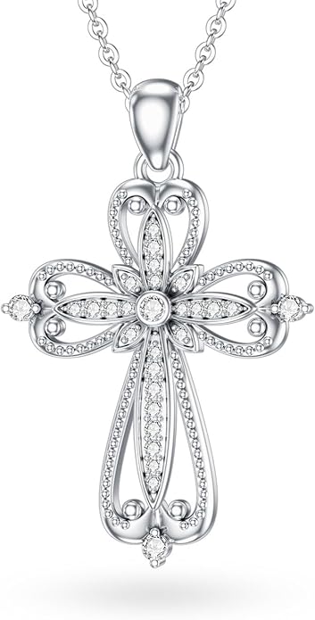 1/66 Carat Diamond Vintage Cross Necklace for Women 925 Sterling Silver 18K White Gold Plated Religious Faith Pendant Fine Jewelry