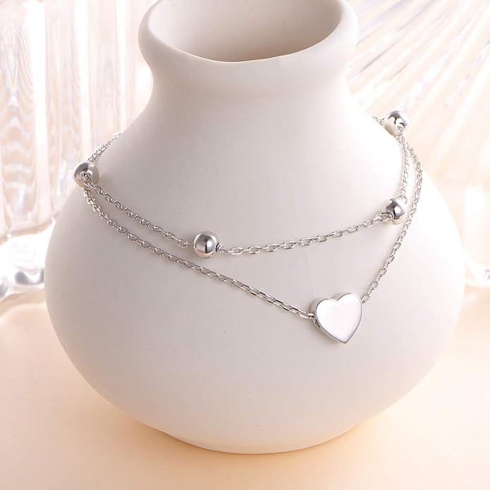 FLYOW Anklet for Women S925 Sterling Silver Adjustable Foot Beaded Heart Charm Ankle Bracelet Anklets Jewelry