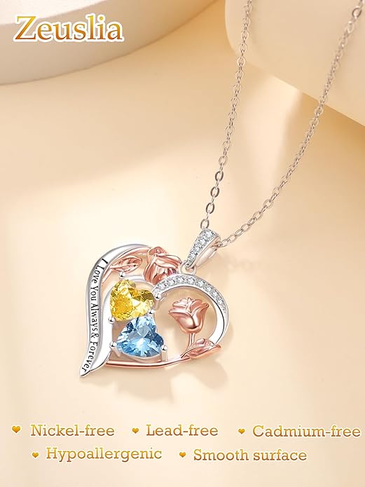 Zeuslia Double Birthstone Necklace Gifts for Wife - 925 Sterling Silver Sunflower/Rose/Crown Cross/Compass/Heart Pendant I Love You Necklace, Anniversary Birthday Gifts for Wife Girlfriend Mom Her