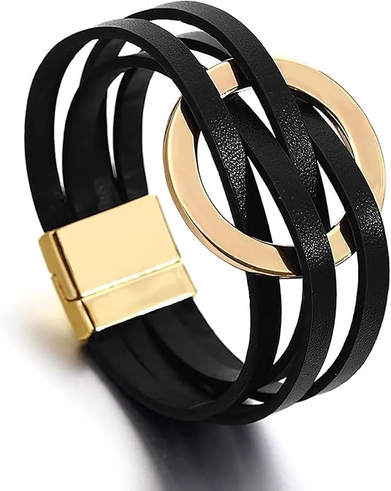 Fesciory Leopard Bracelet for Women, Boho Leather Wrap Multi-Layer Pearl Crystal Bracelet Bangle Jewelry