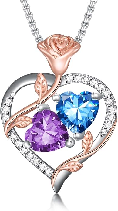 Christmas Gifts for Women Rose Heart Birthstone Pendant Necklace I Love You Forever Jewelry Valentine Mothers Day Birthday Gifts for Women Her Wife Girlfriend