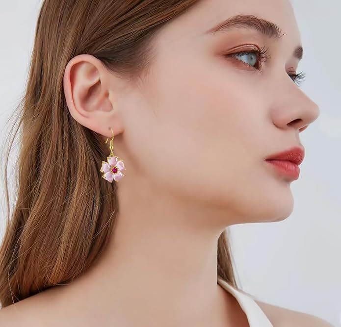 VONSSY Elegant Cherry Blossom Necklace Earrings Pink Cats Eye Flower Flora Sakura Gemstone Crystal Pendant 18k Gold Plated Chain Jewelry Set Gift for Woman Wife Girlfriend