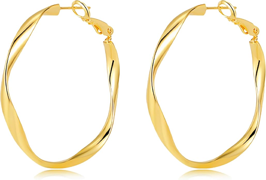 Gold Hoop Earrings for Women 18K Gold Plated - 40mm & 50mm Sizes, Double Layer/Twisted Styles, Hypoallergenic 925 Sterling Silver Posts, Lightweight Trendy Jewelry Gift