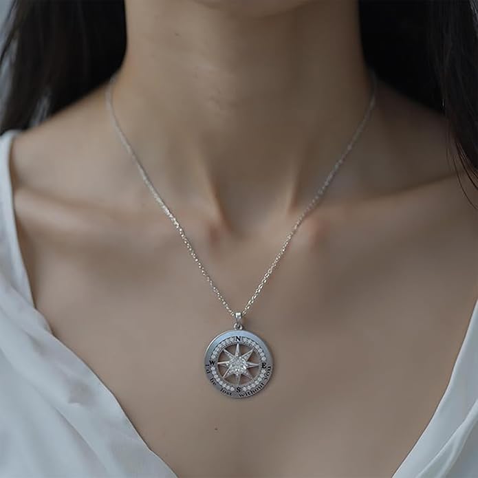 Kuschelkatze 1 Carat Moissanite Compass Pendant Necklace in Sterling Silver – Engraved 'I'd Lost Without You' – Symbol of Love, Direction & Unwavering Bond