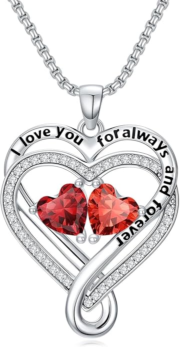 I Love You for Awlays and Forever Double Heart Necklace with Birthstone, 2 Birth Stone Jewelry Anniversary Valentines Mothers Day Christmas Birthday Gifts for Women Her Wife Girlfriend Mom Mother