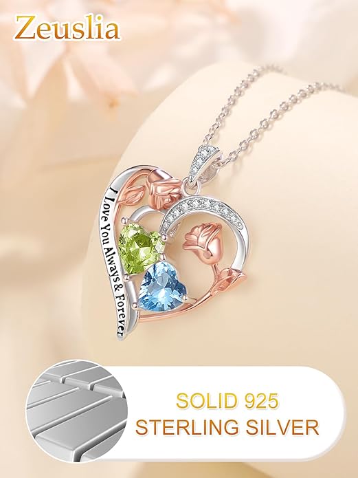 Zeuslia Double Birthstone Necklace Gifts for Wife - 925 Sterling Silver Sunflower/Rose/Crown Cross/Compass/Heart Pendant I Love You Necklace, Anniversary Birthday Gifts for Wife Girlfriend Mom Her