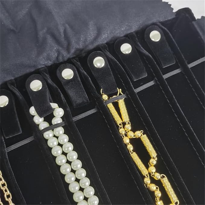 SCIKHEFT Portable Jewelry Roll Untangled Secure Necklace Travel Storage Bag Displays Holder 16 Chain (Gray PU and Black Velvet)
