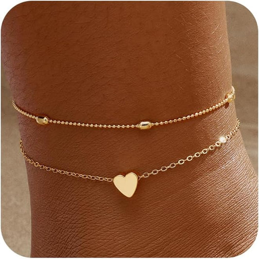 2/3 PCS Gold Anklets for Women Waterproof Cuban Link Anklet Beaded Bracelets Stackable Bracelets 14K Gold Plated Custom Jewelry Gifts Non Tarnish Lightweight