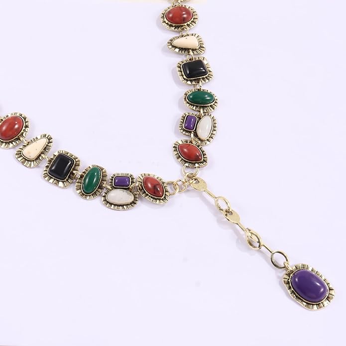 Vintage Bohemia Necklace Golden Charm Gemstone Necklace for Women Long Pendant Jewelry