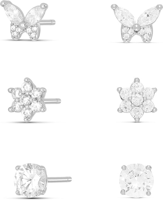Amazon Essentials Plated Cubic Zirconia Butterfly and Flower Earring Set