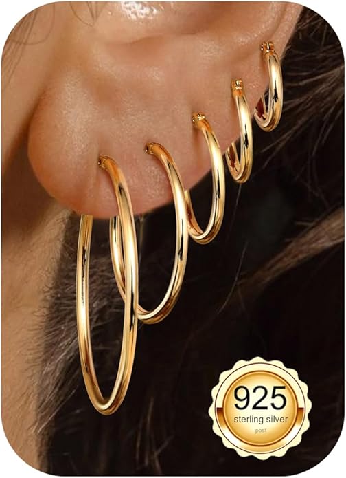 FUNRUN JEWELRY 5 Pairs 925 Sterling Silver Hoop Post Earrings for Women-Small 14K Gold Silver Hoops Earrings,Hypoallergenic Silver Hoop Earring for Women-Medium Big Hoops Stack Earring 10/14/20/30/40mm