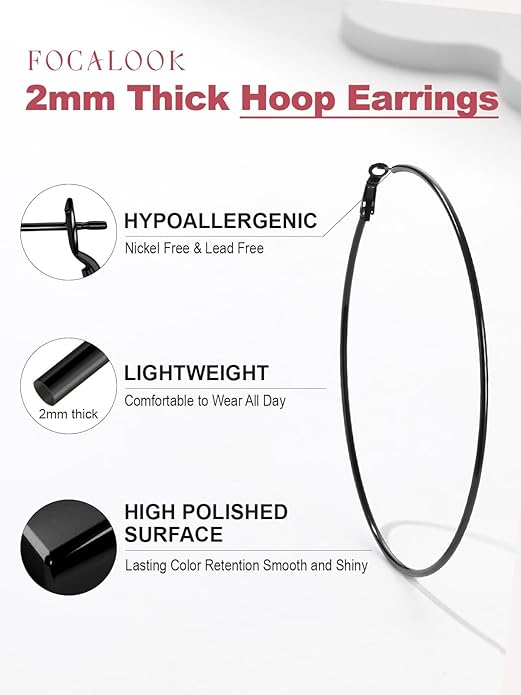 FOCALOOK 14K Gold Plated Lightweight Large Hoops| 2mm Thin Hoop Earrings for Women 30/40/50/70/100mm