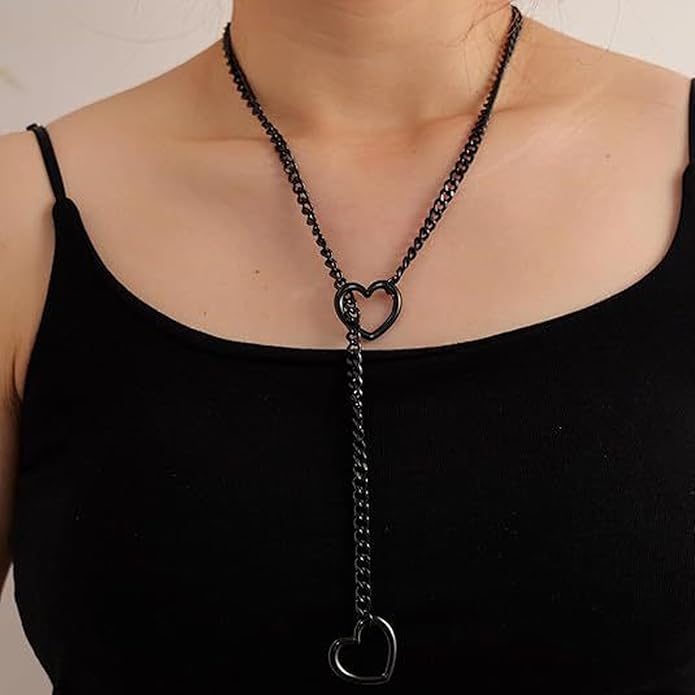 Heart Y-Necklace for Women Stainless Steel Heart Slip Chain Necklaces Adjustable Punk Gothic Cuban Collar Choker Fashionable Holiday Birthday Jewelry Gifts