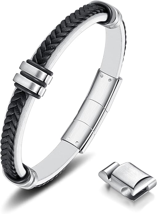 Leather Bracelet for Men with Adjustable Stainless Steel Magnetic Clasp Multi-Layer Braided Mens Leather Bracelet