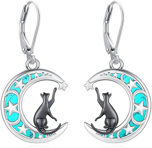 Sterling Silver Tree of Life/Flower/Bee/Animals/Cat/Hummingbird Dangle Earrings Moonstone Turquoise Drop Leverback Earrings Jewelry Gifts