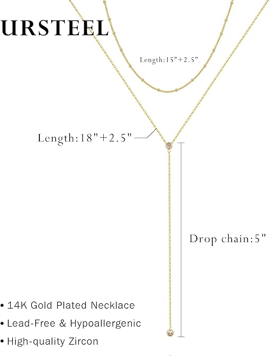 Ursteel Dainty Lariat Necklace for Women, 14K Gold Plated Y-Shaped Long Necklace Layered Drop Necklaces Pearl Cross Clover CZ Charm Necklaces for Women Christmas Jewelry Gifts Stocking Stuffers