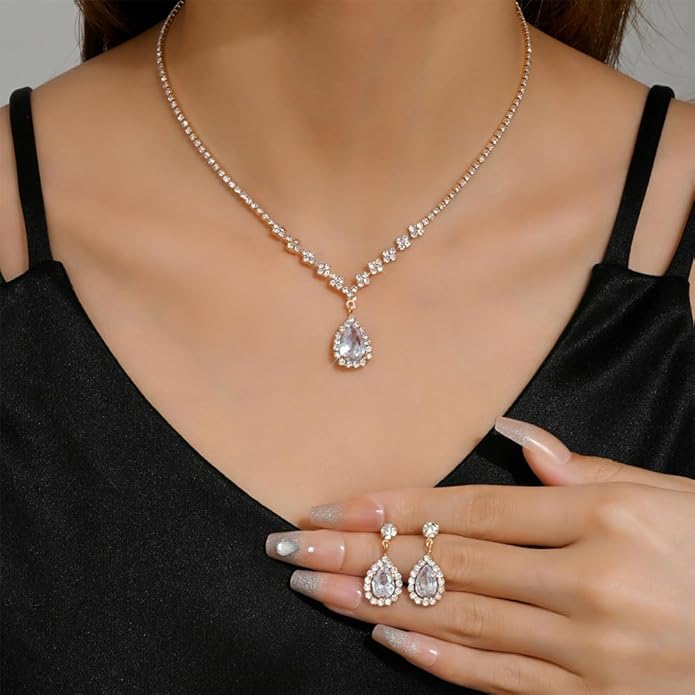 JczR.Y Rhinestone Tennis Necklace Earring Set Zircon Crystal Teardrop Pendant Necklaces Rhinestone Bridal Necklace Earrings for Women Wedding Gowns Prom Statement Jewelry Set