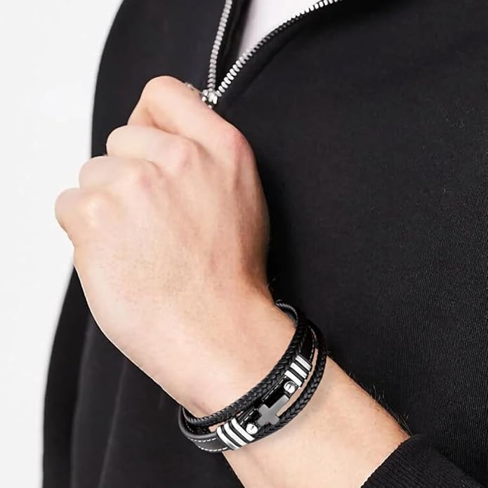 Cross Leather Bracelet For Men Multilayer Braided Memorial Wristband Bangle Stainless Steel Buckle Religious Activities Holiday Gifts