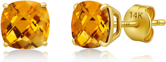 14k Gold 6MM Cushion Cut Stud Gemstone Earrings | Hypoallergenic Solitaire Gemstone Studs with 14K Gold Backs | Lightweight Birthstone Earrings with Gift Box by MAX + STONE