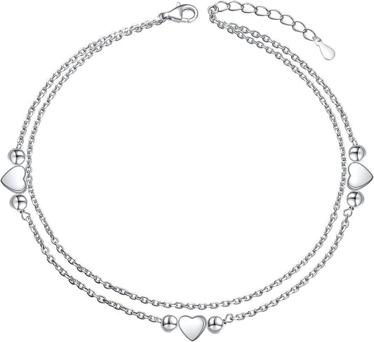 Anklet for Women S925 Sterling Silver Adjustable Foot Evil Eye Starfish Heart Bead Butterfly Celtic Knot Cross Multilayer Layered Ankle Bracelet Jewelry