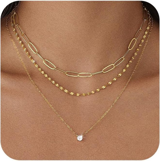 Layered Gold Necklace for Women Trendy 14K Gold Plated Heart CZ Pendant Layered Gold Necklaces Set Coin Choker Necklaces Simple Circle Cubic Zirconia Pearl Necklace Stack Herringbone Paperclip Chain Jewelry Set