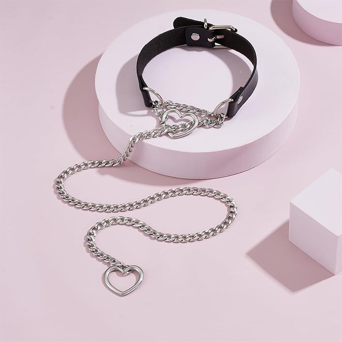 Leather Choker Slip Chain Necklace Stainless Steel Cuban Link Long Necklaces Gothic Punk Heart Chain Necklace Handmade Collars for Women