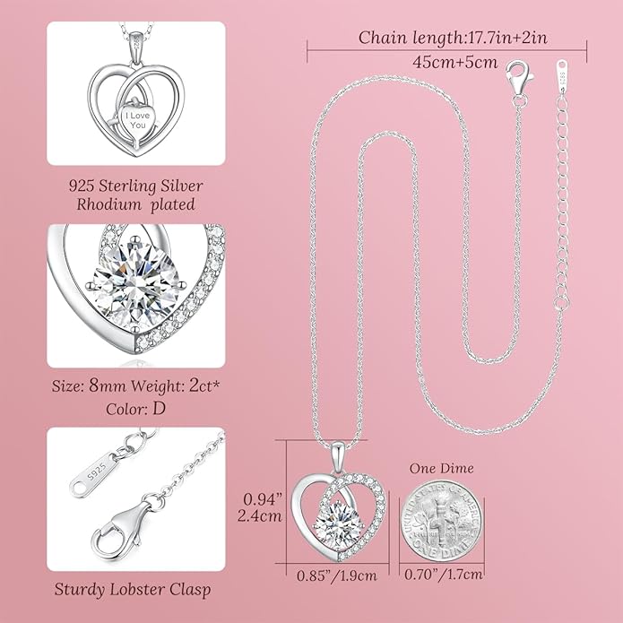 Moissanite Heart Pendant Necklaces for Women,D Color VVS1 Moissanite Jewelry,925 Sterling Silver Gold Plating,Wedding,Anniversary,Birthday,Gifts for Wife Her Mom Girlfriend