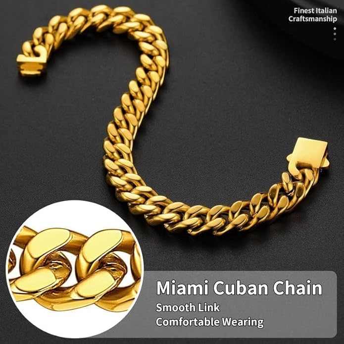 ChainsHouse Stainless Steel Cuban Link Bracelet for Men, 5mm/7mm/9mm/12mm Width, 7.5"/8.3"/9" Length, Black/18K Gold Plated Chain Wrist Bracelets for Men, with Gift Box