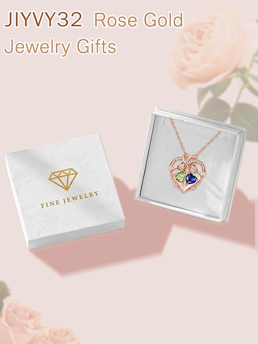 Rose Gold Necklaces for Women Double Birthstone Rose Flower Heart Pendant Necklace Jewelry Anniversary Christmas Valentine's Mother's Day Birthday Gift for Wife Mom Her Girlfriend Sister