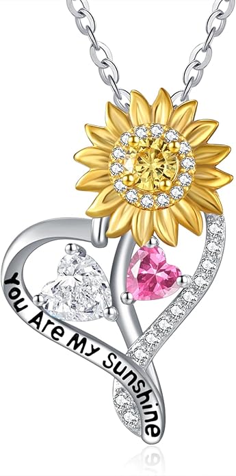 Zeuslia Double Birthstone Necklace Gifts for Wife - 925 Sterling Silver Sunflower/Rose/Crown Cross/Compass/Heart Pendant I Love You Necklace, Anniversary Birthday Gifts for Wife Girlfriend Mom Her