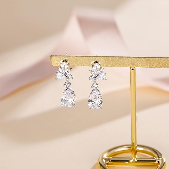 EAMTI Teardrop Wedding Earrings for Women Cubic Zirconia Dangle Bridal Earrings 925 Sterling Silver Post Pear Cut Earring for Prom Bridesmaid