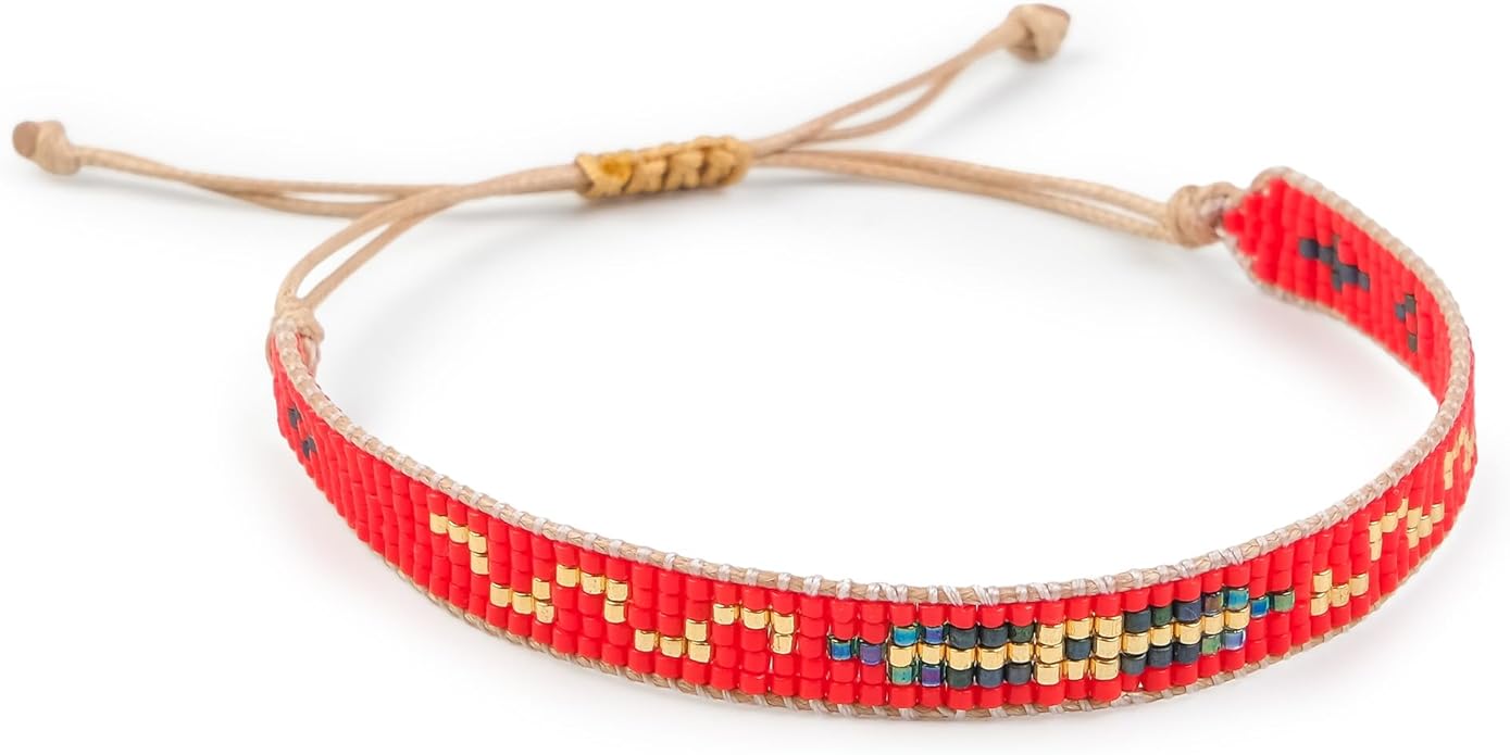 Handmade Beaded Bracelet – Adjustable Boho Friendship Wristband – Tribal Artisan Style in Red, White, and Multicolor Designs – 3 Unique Patterns