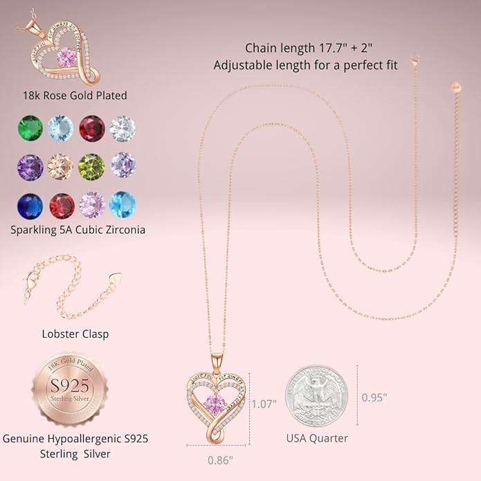 Birthstone Infinity Heart Necklace for Women Wife Girlfriend Mom Daughter Gifts S925 Silver Jewelry For Anniversary Rose Gold Gifts For Birthday Christmas Mothers Valentines Day