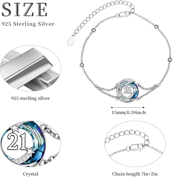 JUSTKIDSTOY Birthday Gifts Bracelet for Women Girls 925 Sterling Silver Celtic Moon Star Bracelets with Blue Crystal Pendant Jewelry for Sister Friends
