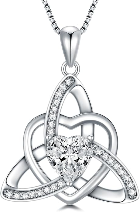 1CT Heart Moissanite Celtic Knot Necklace for Women, 925 Sterling Silver Diamond Trinity Knot Celtic Pendant Necklace Irish Jewelry, Birthday Christmas Valentines Day Gift for Her Wife Mom, 18+2 Inch