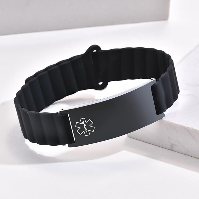 Comfortable Medical ID Bracelet for Men & Women - Custom Engraved Silicone Strap Comfort Fit Medical Alert Bracelets for Sports,Adjustable Waterproof Customizable Wristband for Diabetic