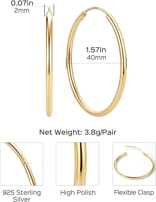 ChicSilver Hypoallergenic 925 Sterling Silver Hoop Earrings for Women, Lightweight Large Gold Plated Hoop Earrings, Endless Hoops Earring 20/30/40/50/60/70MM