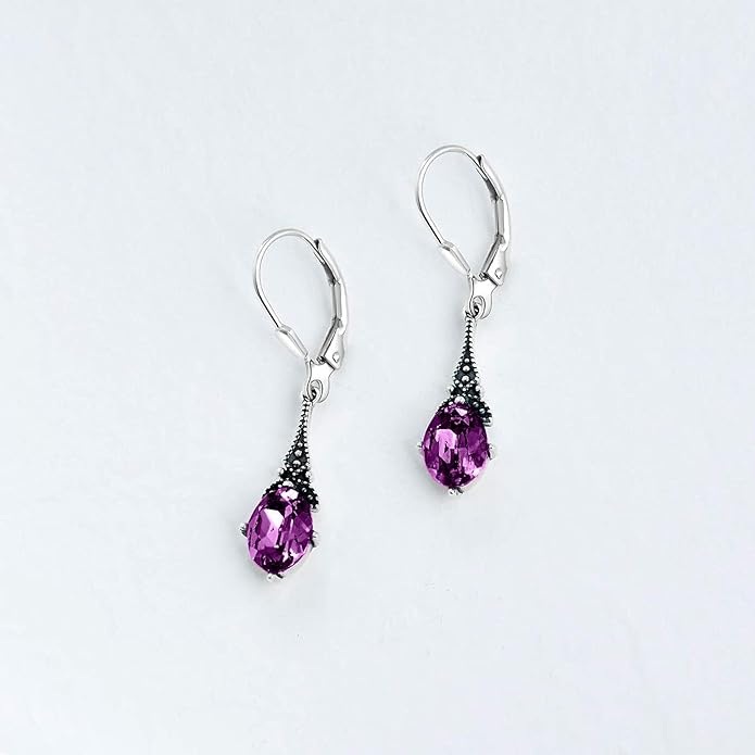 AOBOCO Vintage Earrings for Women Sterling Silver Retro Drop Dangle Leverback Earrings with 8x6mm Oval Genuine or Simulated Birthstone Crystal from Austria, Anniversary Jewelry Gifts for Her Women