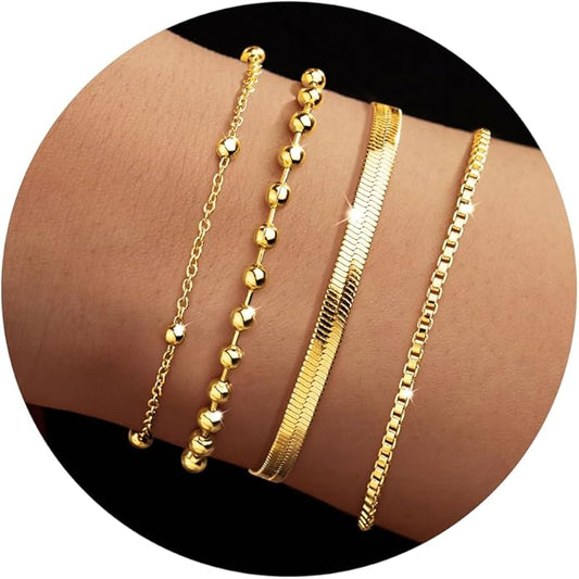 Gold Bracelets for Women Trendy,14K Gold Plated Dainty Stackable Paperclip Cuban Link Chain Bracelets, Simple Cute Cuff Bracelets Jewelry Set Adjustable 7"+2"