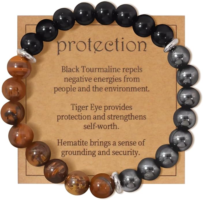 Energy Mens Beaded Bracelets,Triple Protection Bracelet for Men,Made of Three Kinds of 8mm Beads (Black Obsidian Hematite Tiger Eye Beaded), Personalized Gifts for Men